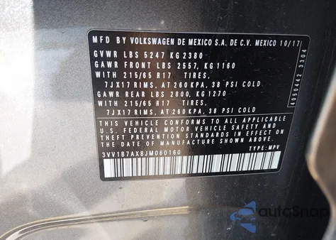 2018 Volkswagen Tiguan 2.0T S z USA, uszkodzony, nr VIN 3VV1B7AX8JM060160